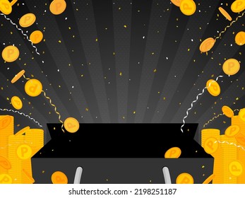 horizontal black background with coins and confetti flying out of paper bag