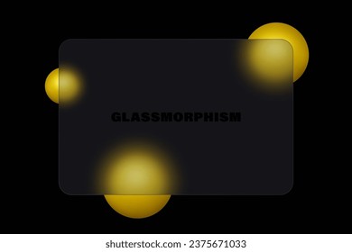 Horizontal black banner with glass overlay effect with 3D balls in glass morphism style.