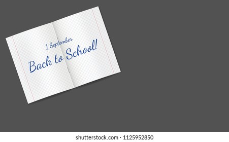 Horizontal black banner with realistic notebook with back to school text. Poster for 1 september, beginning of the academic year