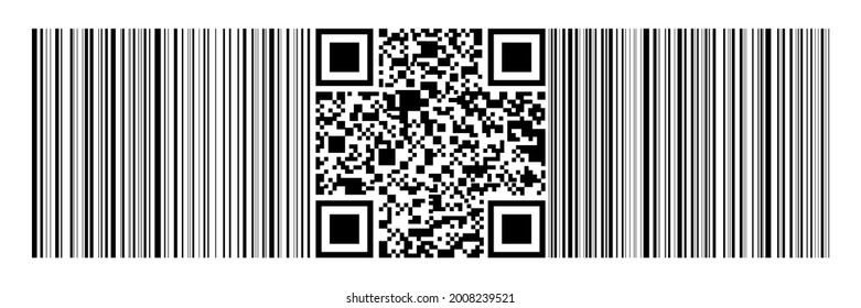 horizontal black bar code and qr code on white background.