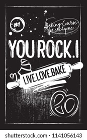 Horizontal Black Chalk bakery poster. Rolling Pin with white lettering - You Rock I Roll. Black background