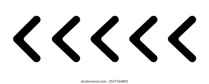Horizontal black chevron arrows. Repeated V-shaped stripes print. Pointer, next to, road caution, military, navigation symbol isolated on white background. Vector graphic illustration.
