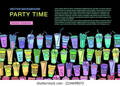 Horizontal black color banner with various bright to go cups in bottom part for marketing campaign, advertising, promotions. Party time flyer template.