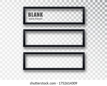 Plantilla de simulación de marco negro horizontal aislada en fondo transparente. Marcos de imagen en blanco negro. Marco vacío