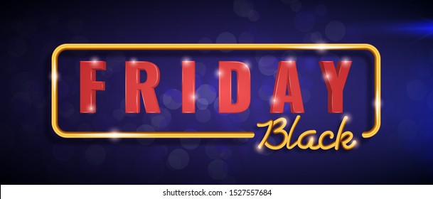 Horizontal Black Friday banner design with golden frame, golden and red Black Friday lettering on blue background with bokeh.