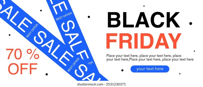 Venda horizontal Black Friday com abstrato, fundo branco geométrico, e ilustração colorida plana para banner, capa, livreto, folheto, tabuleta, mídia social, cartazes, promoção, anúncio.