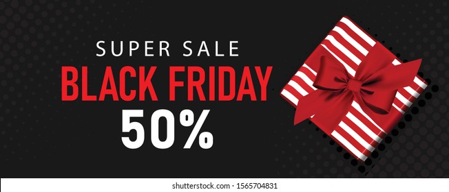 Horizontal black friday super sale with gift box with red bow.Dark background banner, poster, header website. vector illustration.Card promotion design.
