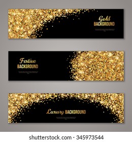 Horizontal Black and Gold Banners Set, Greeting Card Design. Golden Dust. Vector Illustration. Happy New Year and Christmas Poster Invitation Template. Place for your Text Message.