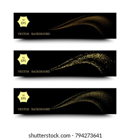 Horizontal Black and Gold Banners Set, Greeting Card Design. Golden Dust. Vector Illustration. Happy New Year and Christmas Poster Invitation Template. Place for your Text Message.