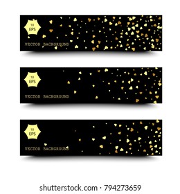 Horizontal Black and Gold Banners Set, Greeting Card Design. Golden Dust. Vector Illustration. Happy New Year and Christmas Poster Invitation Template. Place for your Text Message.