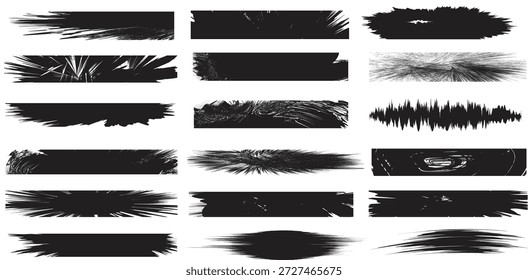 Horizontal Black Grunge Brush Strokes and Distressed Ink Banner Shapes