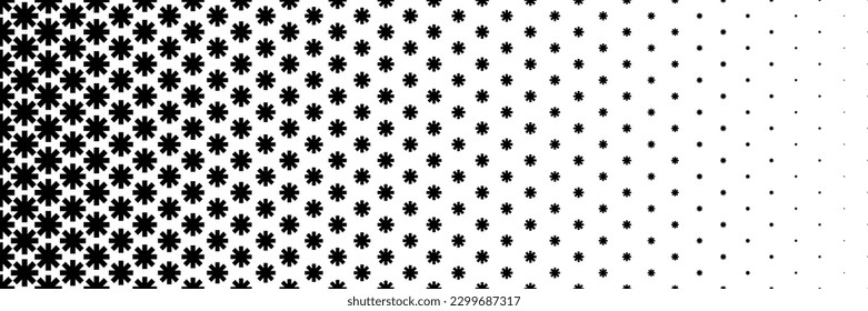 horizontal black halftone of asterisk and star design for pattern and background.