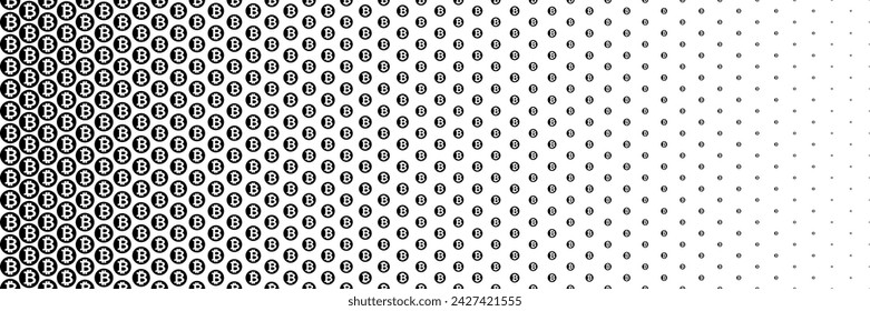 horizontal black halftone of bitcoin currency sign coin design for pattern and background.