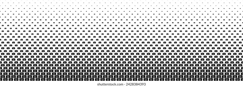 horizontal black halftone of camera icon design on white for pattern and background.