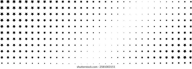 horizontal black halftone of glowing star design for pattern and background.