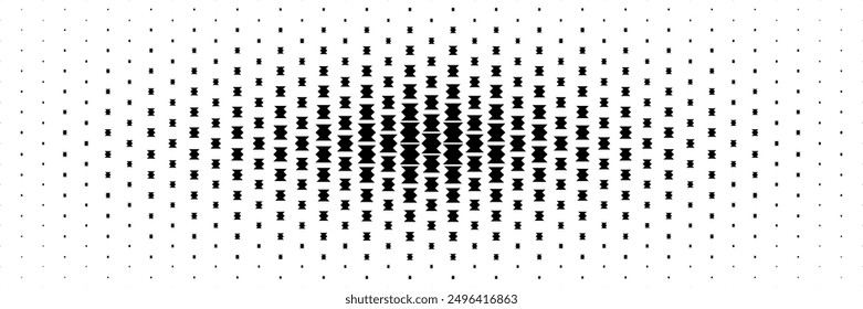 horizontal black halftone of pieces of zigzag spreading from center for pattern and background.
