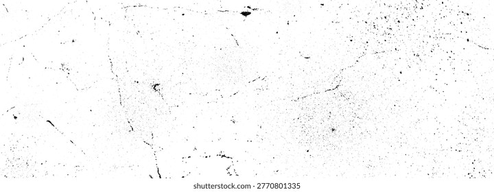 Horizontal black ink splatter texture. Irregular scattered blots and drips on white background. Grunge paint splash overlay for effects.