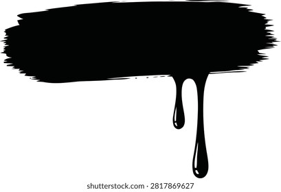 A horizontal black paint brush stroke with two dripping liquid paint drops, textured artistic design element isolated on a white background.