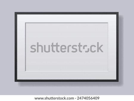 Horizontal black photo frame with white passepartout on wall. Vector realistic template illustration