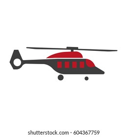 Horizontal black and red copter with sharp nose on white background. Vector illustration of air transport close-up. Graphic figure in cartoon style of helicopter or rotor plane icon in flat design