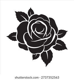 Horizontal black rose floral border with three blooming roses leaves and buds in bold silhouette style isolated on white background