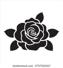 Horizontal black rose floral border with three blooming roses leaves and buds in bold silhouette style isolated on white background