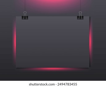 Horizontal black sheet of paper on binder clips with pink neon backlight. Realistic vector template illustration
