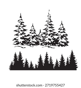 Uma silhueta preta horizontal de pinheiros em uma floresta, adequada para paisagens de inverno, fundos de Natal ou gráficos de férias com tema natural.  
