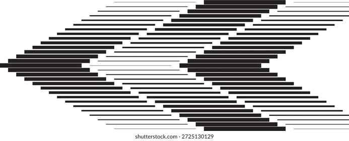 Horizontale schwarze Streifen mit unterschiedlicher Dicke, die den Effekt eines sich bewegenden Pfeils imitieren. Hintergrund für parallele Linien. Dynamisches Muster. Abstrakter geometrischer Druck mit gestreifter Textur. Vektorgrafik.