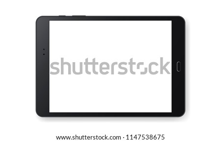 Horizontal black tablet computer mockup isolated on white background - front view. Vector illustration