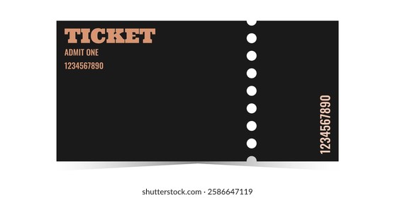Horizontal black ticket with bronze text template. Cinema, theater, casino, concert, opera, ballet, performance copper design. Vector illustration on white background
