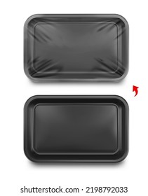 Horizontal black tray container mockup with transparent film. Vector illustration isolated on white background. Layered template file easy to use for your promo product. EPS10.