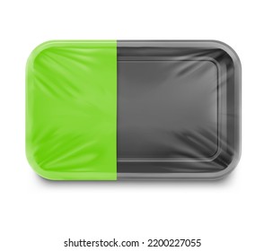 Horizontal black tray container mockup with transparent film. Vector illustration isolated on white background. Layered template file easy to use for your promo product. EPS10.