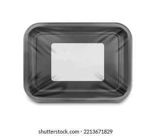 Horizontal black tray container mockup with transparent film. Vector illustration isolated on white background. Layered template file easy to use for your promo product. EPS10.	