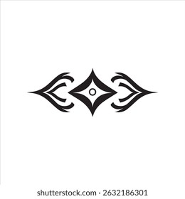 A horizontal black tribal ornament on a white background, featuring a symmetrical geometric pattern with flowing curves and stylized shapes. This vector design is ideal for tattoos, decorative graphic