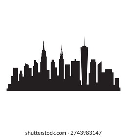 Horizontal black vector cityscape featuring tall buildings and towers against white background