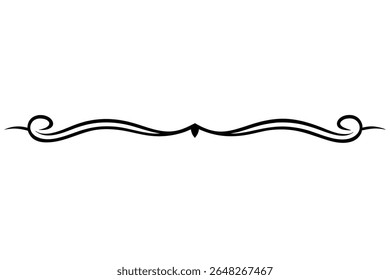A horizontal black vector illustration featuring a stylized swirl pattern forming a decorative divider line against a white background. The style is simple and elegant.