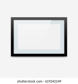 Horizontal black vector photo frame with tender blue passe-partout. Picture frame mockup with landscape orientation.