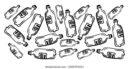 
horizontal black and white banner of pet bottle icons of different volumes