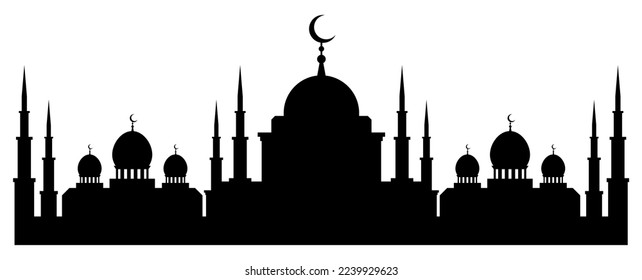 Horizontal black and white banner with silhouette of muslim mosque facade, dome and crescent symbol on top. Religious building for prayers flat. Vector isolated on white background