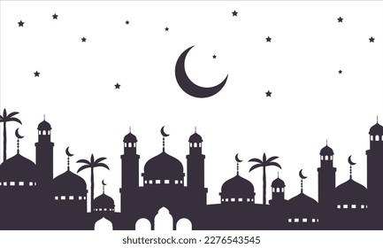Horizontal black and white banner with silhouette of Muslim mosque facade, dome and crescent symbol on it. Religious building for prayer flat. - Vector.