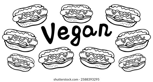 Horizontal black and white banner of vector images of vegetarian hot dogs on a white isolated background with a caption in the center