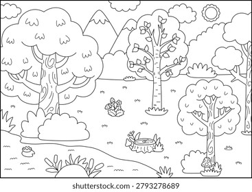 Horizontal black and white cartoon forest border background. Empty line nature woodland landscape with trees, plants, stream, birch, mountains, bushes. Wild thicket panorama scene, coloring page
