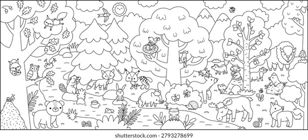 Horizontal black and white cartoon forest animals border background. Nature line woodland landscape with trees, plants, birds, insects, bear, fox, elk, bison. Wildlife panorama scene, coloring page

