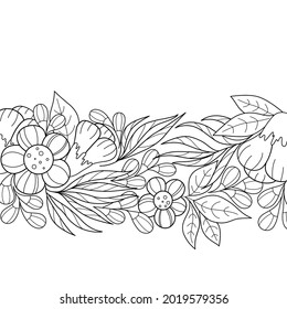 Horizontaler, schwarz-weißer Blumenrand. Konturieren Sie ein Vektorbild aus abstrakten Blumen, Blättern und Ästen. Ausgezeichnet als Hintergrund für die Herstellung von gedrucktem Produkt, Werbung oder anderem Design