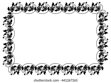 Horizontal black and white frame with roses silhouettes. Vector clip art.