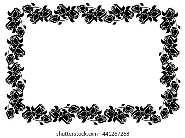 Horizontal black and white frame with roses silhouettes. Vector clip art.