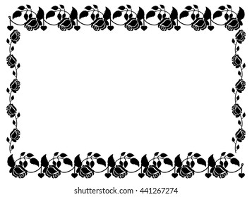 Horizontal black and white frame with roses silhouettes. Vector clip art.