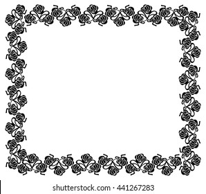 Horizontal black and white frame with roses silhouettes. Vector clip art.