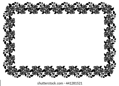 Horizontal black and white frame with roses silhouettes. Vector clip art.